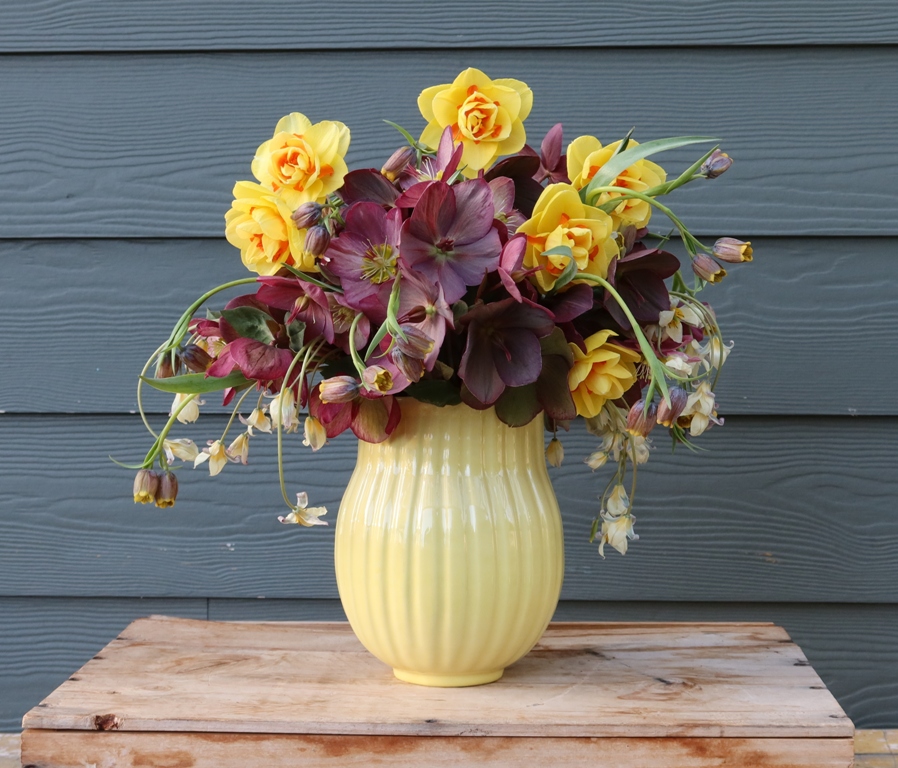 Hellebores, spring bulbs, and a Frances Palmer vase, Slow Flowers 2023
